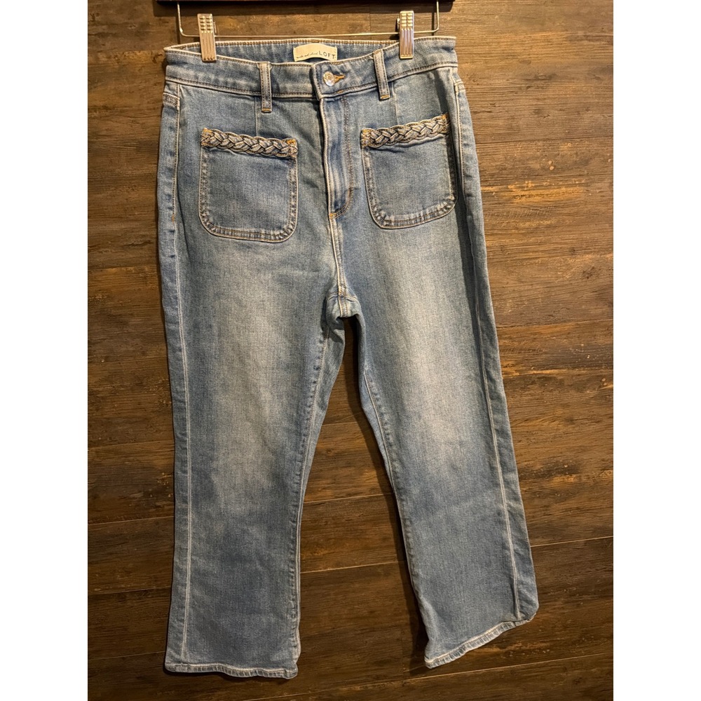 Loft The Kick Crop Jeans Blue Denim Braided Pocket High Rise Womens 26/2